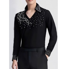 Men's black rhinestones latin ballroom dance shirts Male jive waltz tango flamenco stage performance tops 